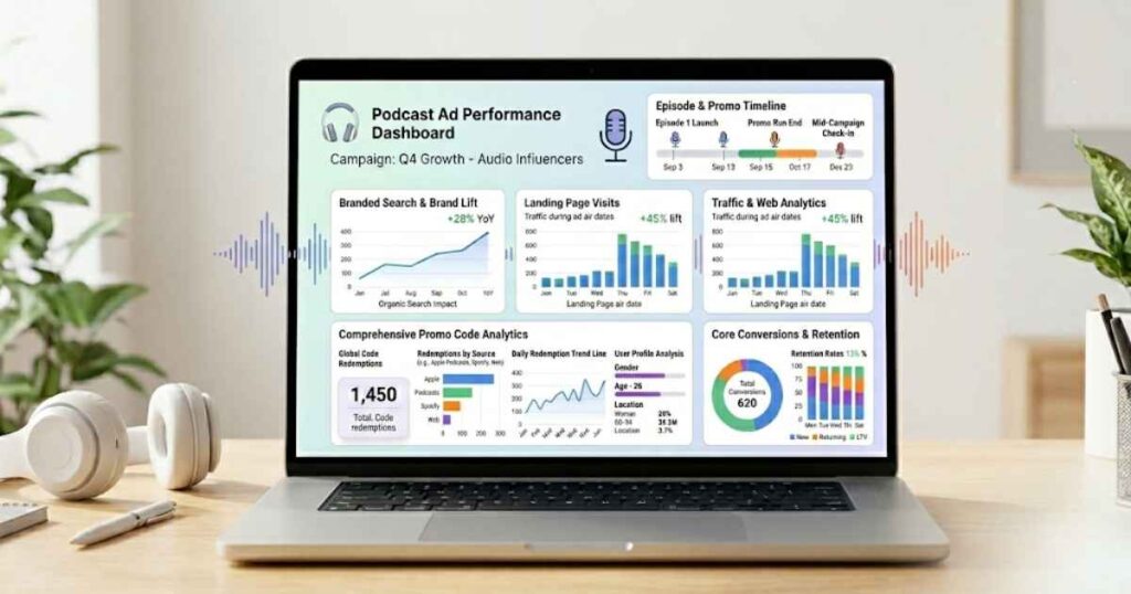 Podcast advertising analytics dashboard showing campaign performance and customer insights