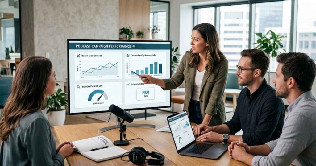 Podcast Marketing Team Reviewing Campaign Performance