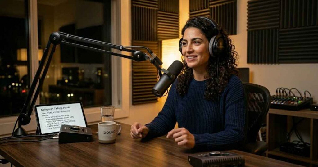Podcast host recording a natural host-read ad in a professional studio